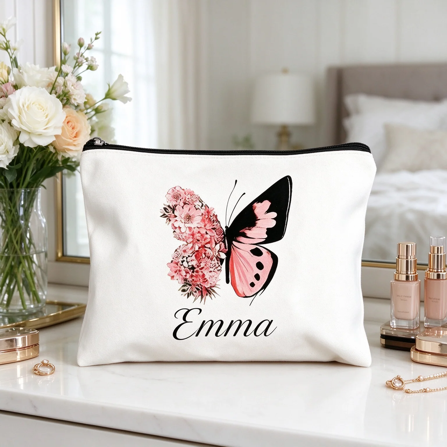 Personalized Name Butterfly Floral Cosmetic Bag, Custom Canvas Makeup Pouch, Portable Zipper Storage Bag Women Daily Travel Gift