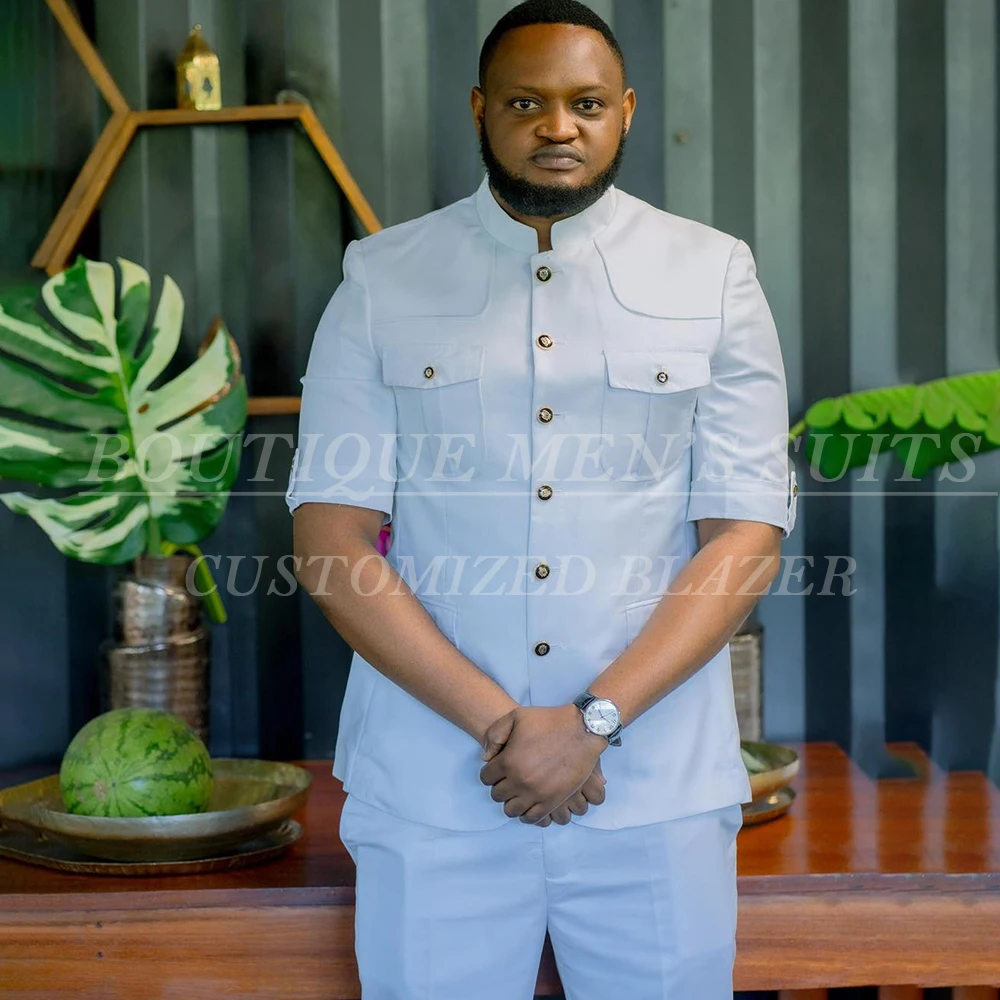 

Fashion Men's Suits Chic Single Breasted Stand Lapel Slim Fit Short Sleeve 2 Piece Jacket Pants Outfits High Quality Sets