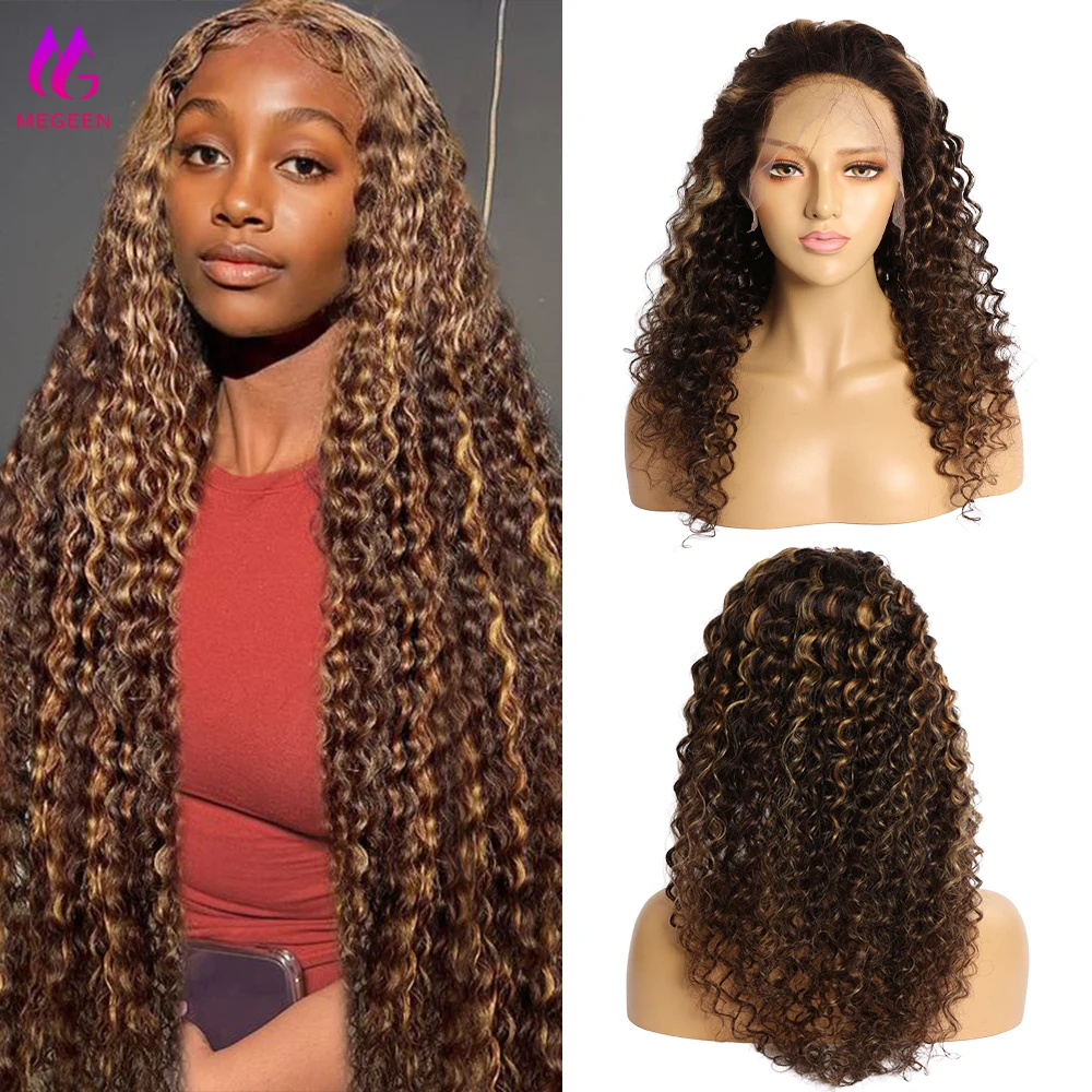 Megeen Deep Wave 13x4 Lace Front Wig Human Hair with Baby Hair P4/27 Curly Highlight HD Transparent Lace Frontal Wig Virgin Hair