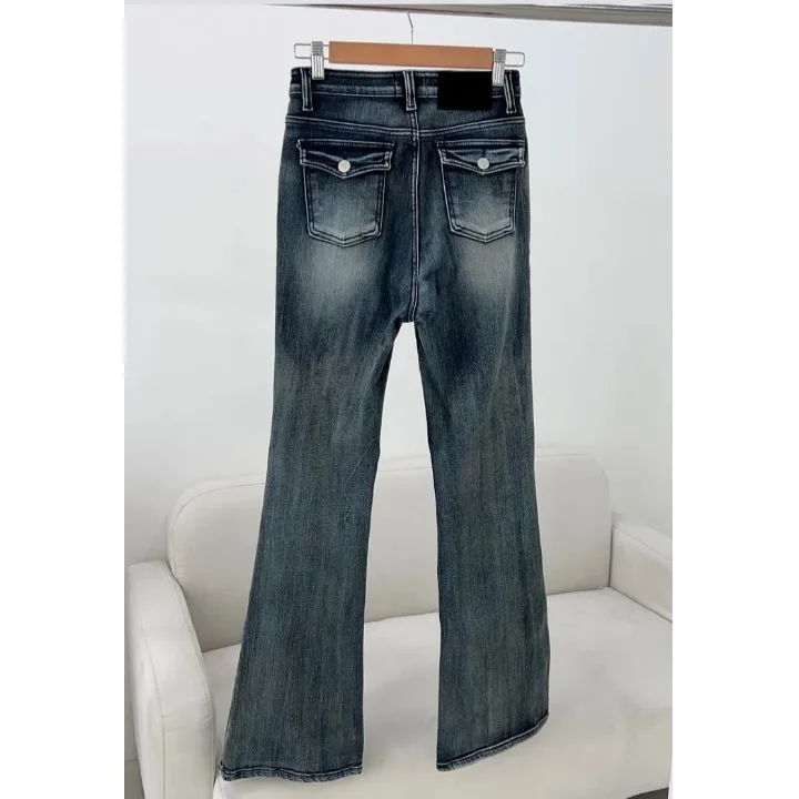 Taille haute coupe ajustée cloche Bot Denim jean femmes printemps été haute Elastici Waed bleu jean rétro Sle dames