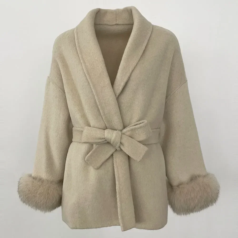 Nueva moda mujer Oficina señora desmontable Natural de gran tamaño piel de zorro puños chaqueta Otoño Invierno Real Natural suelto abrigo de lana caliente