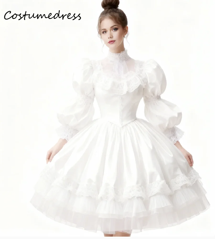 Elegant White Victorian Wedding Dress 2026 Long Sleeve A Line Short Gothic 1950s Bridal Dress High Neck Costume Boho Bride Dress