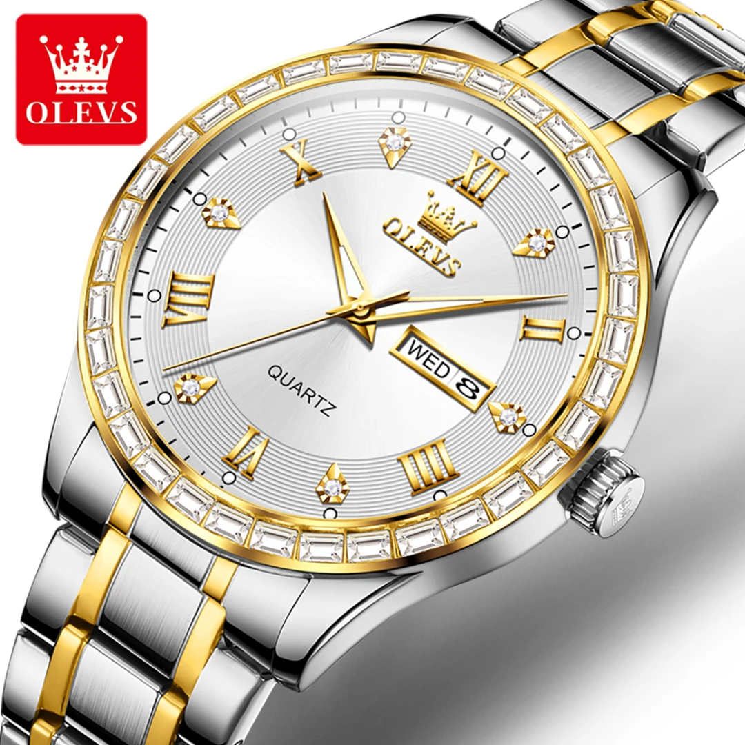 OLEVS-Montre à quartz avec cadran rond, bracelet de montre en acier inoxydable, affichage du calendrier de la semaine, cadeau tendance, 9906