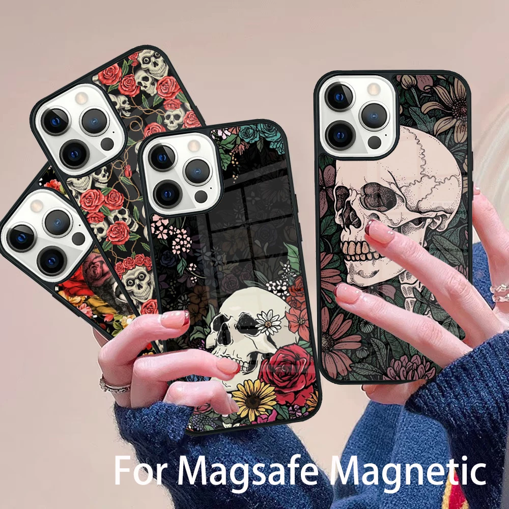 

Skull With Roses Phone Case Magesafe Magnetic Wireless Charge Cover For IPhone 16 11 12 13 14 15 Pro Max Plus Mini