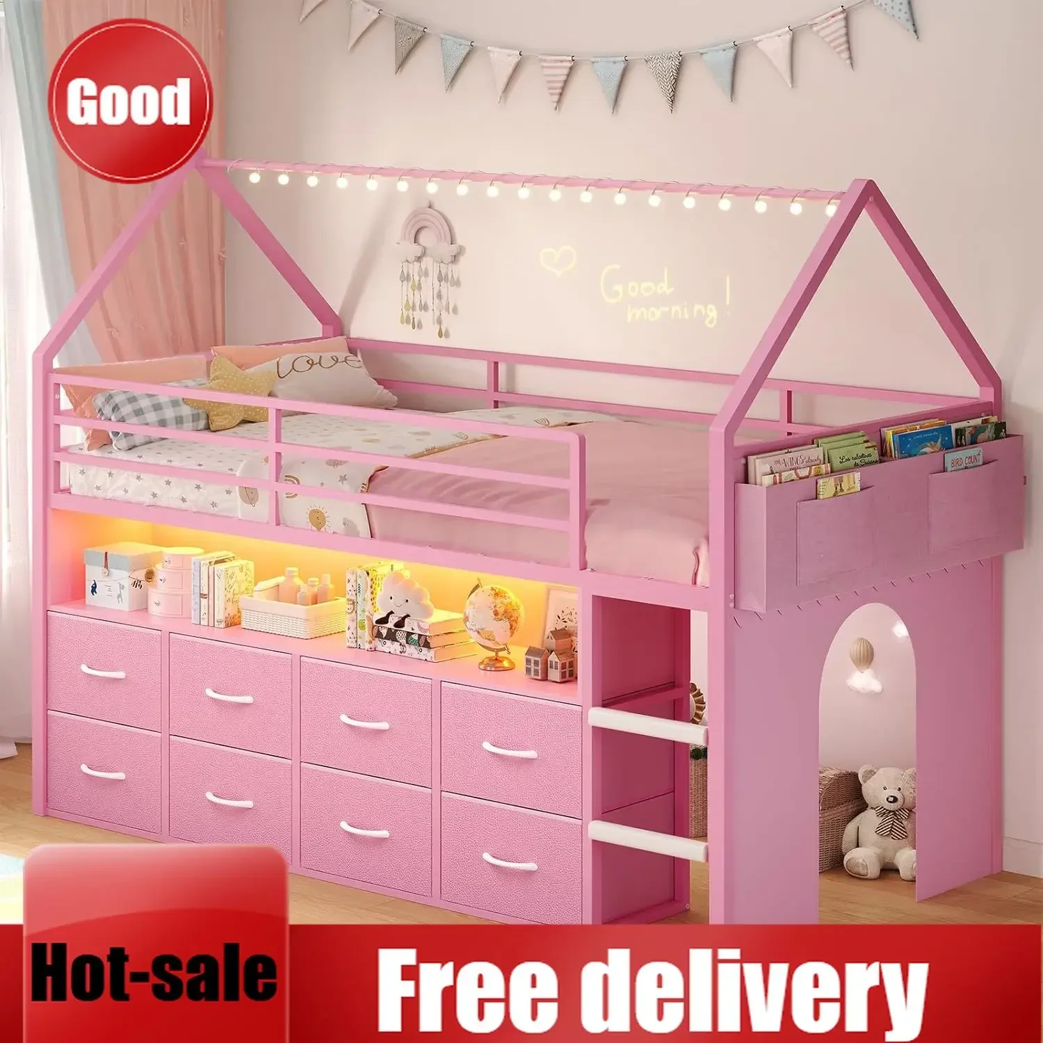 Fast Delivery & Hot SellingBTHFST Twin Size Loft Bed for Kids, 8 Storage Drawers & LED Lights, House Shaped Metal Bed with Bookc