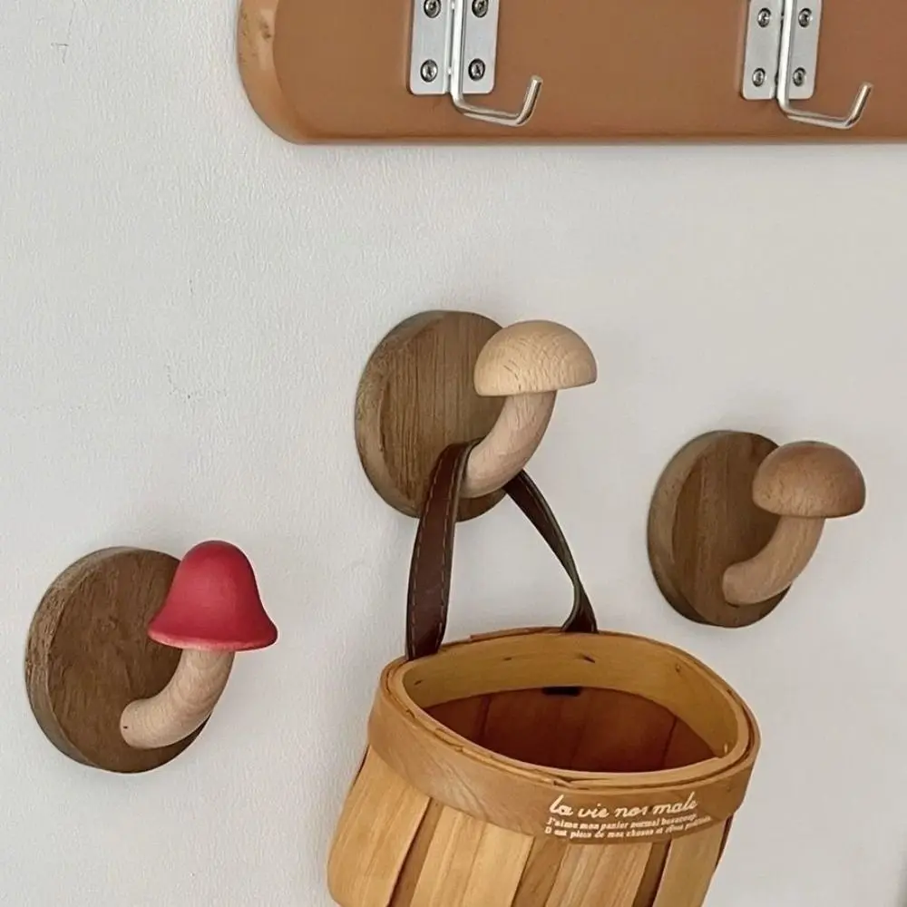 

Wooden Mushroom Clothes Hat Hooks Self-adhesive Wall Decoration Bathroom Hanger Organizer Easy to Install Drill-Free