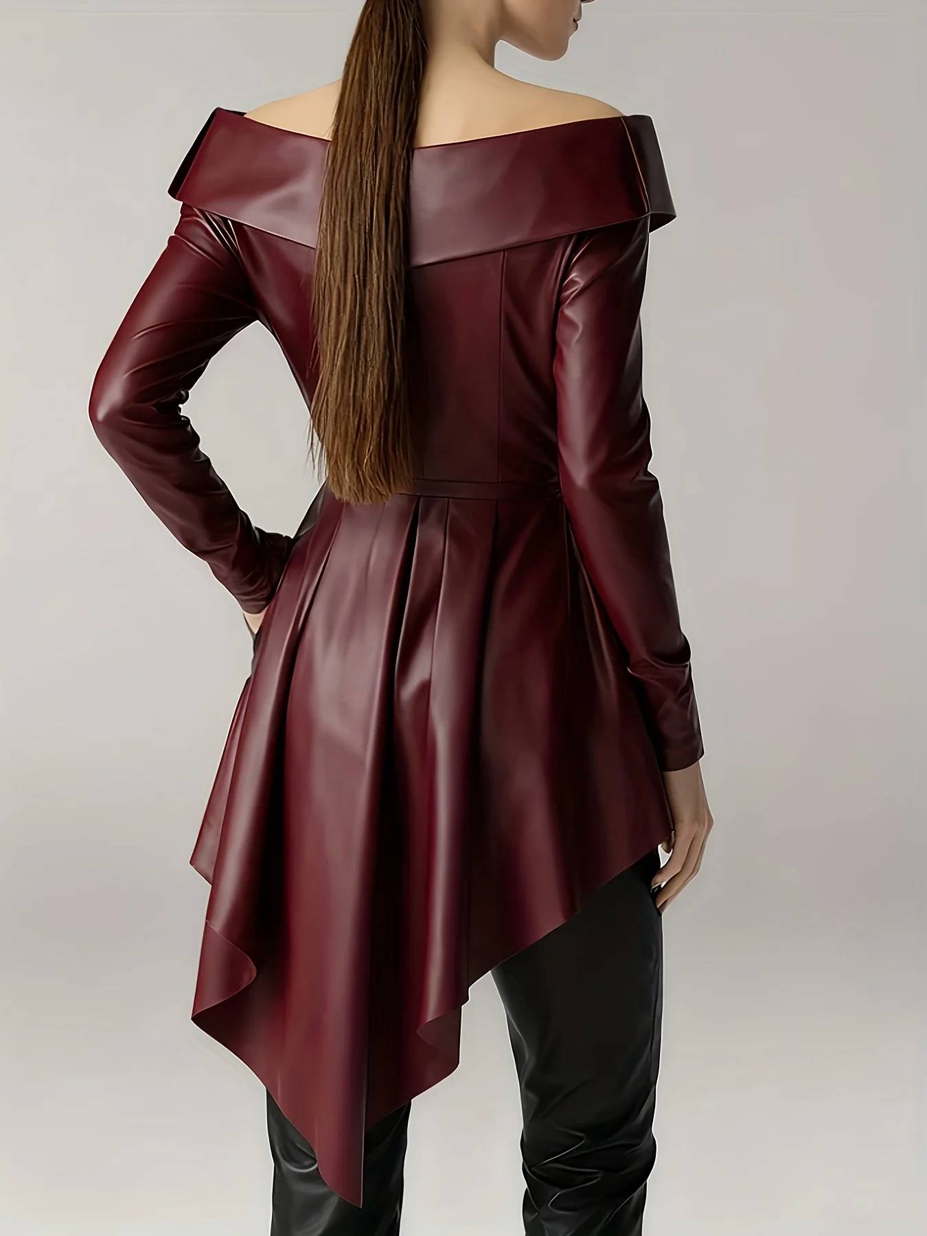 PU Leather Shirts for Women's One Shoulder Wrap Pleated Irregular Hem Long Sleeve Leather Top Casual Vintage Y2K Outerwear