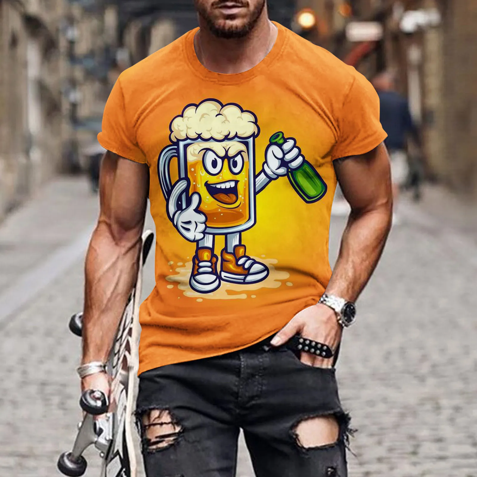 New Funny Design Beer Phone Men\'s T-shirt 3D Printed Summer Fashion Cool Men\'s Clothing Casual Style Popular O-neck Tees Tops