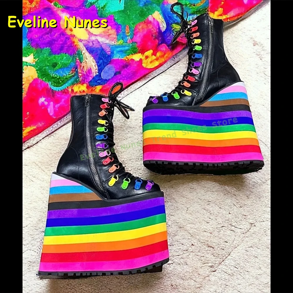Rainbow Sole Platform Fashion Boots Round Toe Wedges Cross Tied Buckle Strap Patchwork Women Mid Calf Boots 2025 Autumn Newest