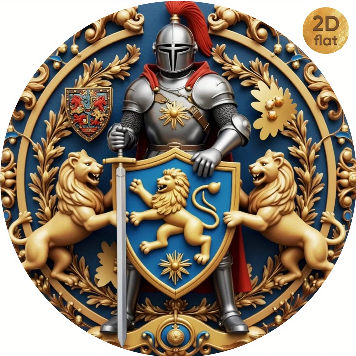 2D Flat - A Single Piece of 2D Flat-Printed Metal Sign Featuring a Sophisticated Medieval Knight'S Iron Wall Shield, Measuring 7