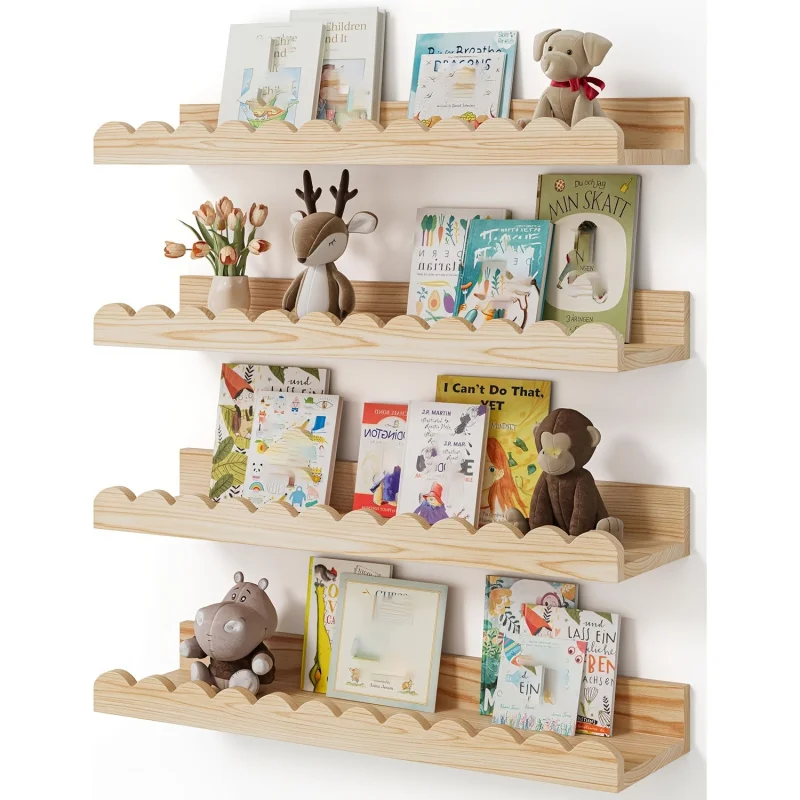 4Pcs Wooden Floating Shelves for Wall, Scalloped Wave Shape Wood Decorative Wall Floating Ledges for Bedroom Living Room,