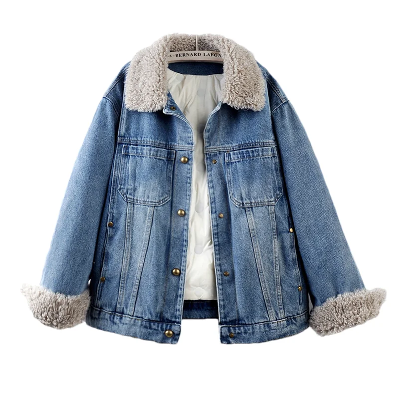 عالية الجودة فو امبسوول التلبيب سميكة الدافئة أسفل بطانة الدنيم سترة الشتاء المرأة معطف أزرق عادية كم طويل كاوبوي ملابس خارجية #1