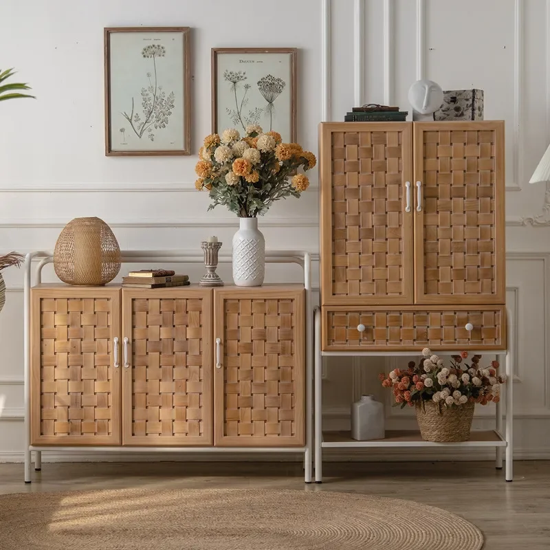 Nordic Wood Side Cabinet 3/4 Door Entryway Storage Unit Log Finish Home Furniture