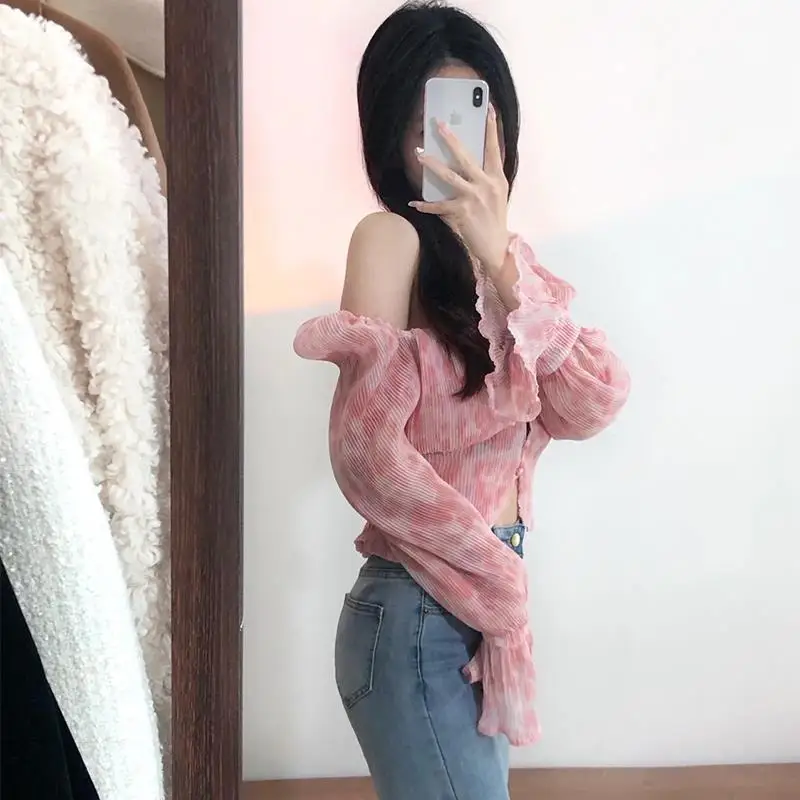 Clothing Chiffon Women\'s Shirts and Blouses Frill Top for Woman Pink Ruffle Off Shoulder Crop Trend 2024 Cool Fashion Y2k Tunic