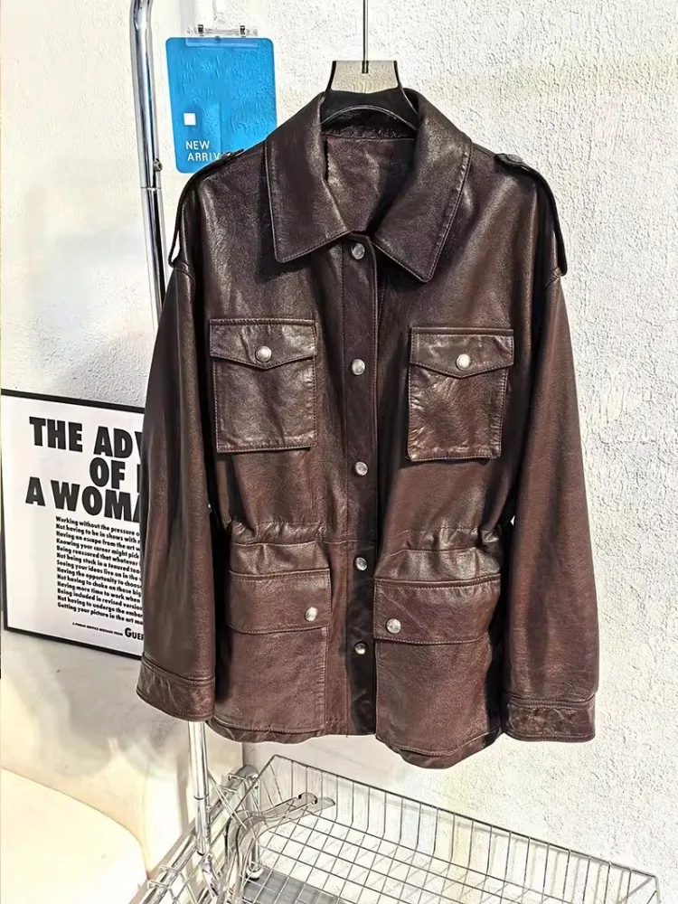 Women Multi Pocket Mid Long Windbreaker Coat Autumn Sheepskin Genuine Leather Jacket Loose Fit Adjustable Waist Trench Outerwear