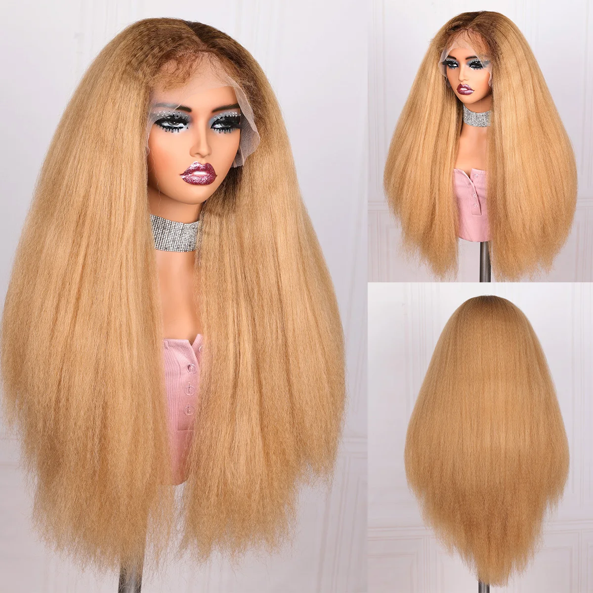 Zachte 26 “Lange Kinky Rechte 180% Dichtheid Ombre Blonde Yaki Kant Pruik Voor Zwarte Vrouwen Babyhaar Lijmloze Synthetische Pretokkelde