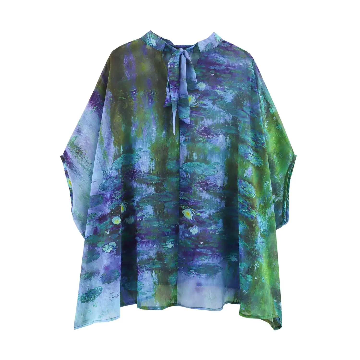 Csa Casual Estampada Fena com Caimento Solto, Manga Morcego, Amarração nas Costas, Top Versátil Estilo Urbano, Fibra d...