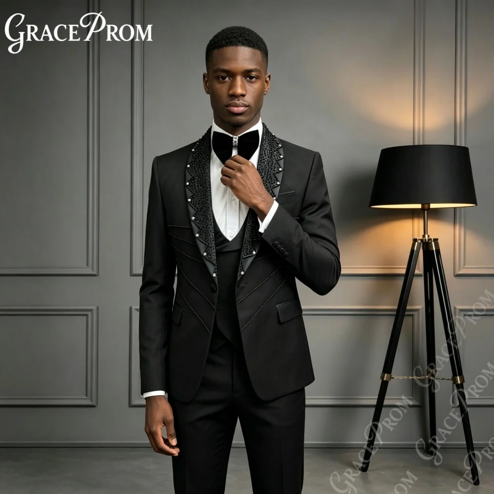 Luxurious Rhinestone Trimmed Men Suit 3 PCS Formal Party Wear Premium Shawl Slim Fit Tuxedo Sets Black Wedding Groom Suits S‑3XL