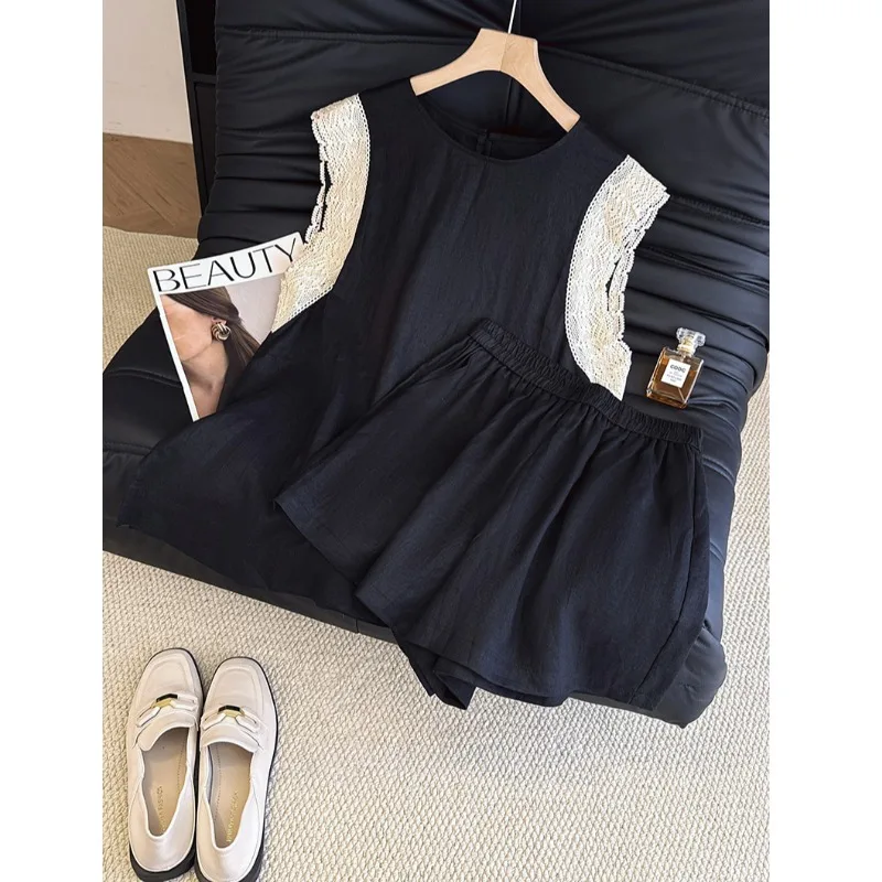 

Высококачественный европейский Sle круглый Ne с кружевной отделкой Fly Sve, льняной повседневный комплект, женский жилет orts Faion Ensemble, летнее новое поступление