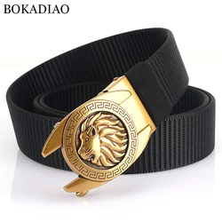 BOKADIAO Man's Nylon Belt Luxury Gold Lions Metal Automatic Buckle Canvas Belts for Men Fashion Jeans Waistband Black Male Strap