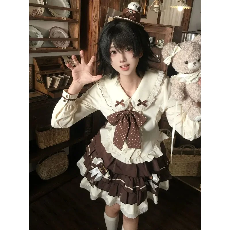 Japanese Autumn Winter Vintage Feeling Thin Clever Color Sweater Cardigan Casual Lapel Shirt Sweet Pleated Half Skirt Retro 3pcs