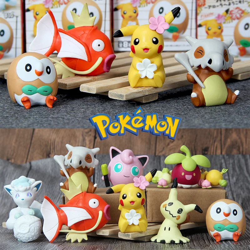 Pokemon Hawaii Series Model Anime Pikachu Vulpix Rowlet Desktop Decoration Ornaments Set Children's Toy Doll Birthday Gift