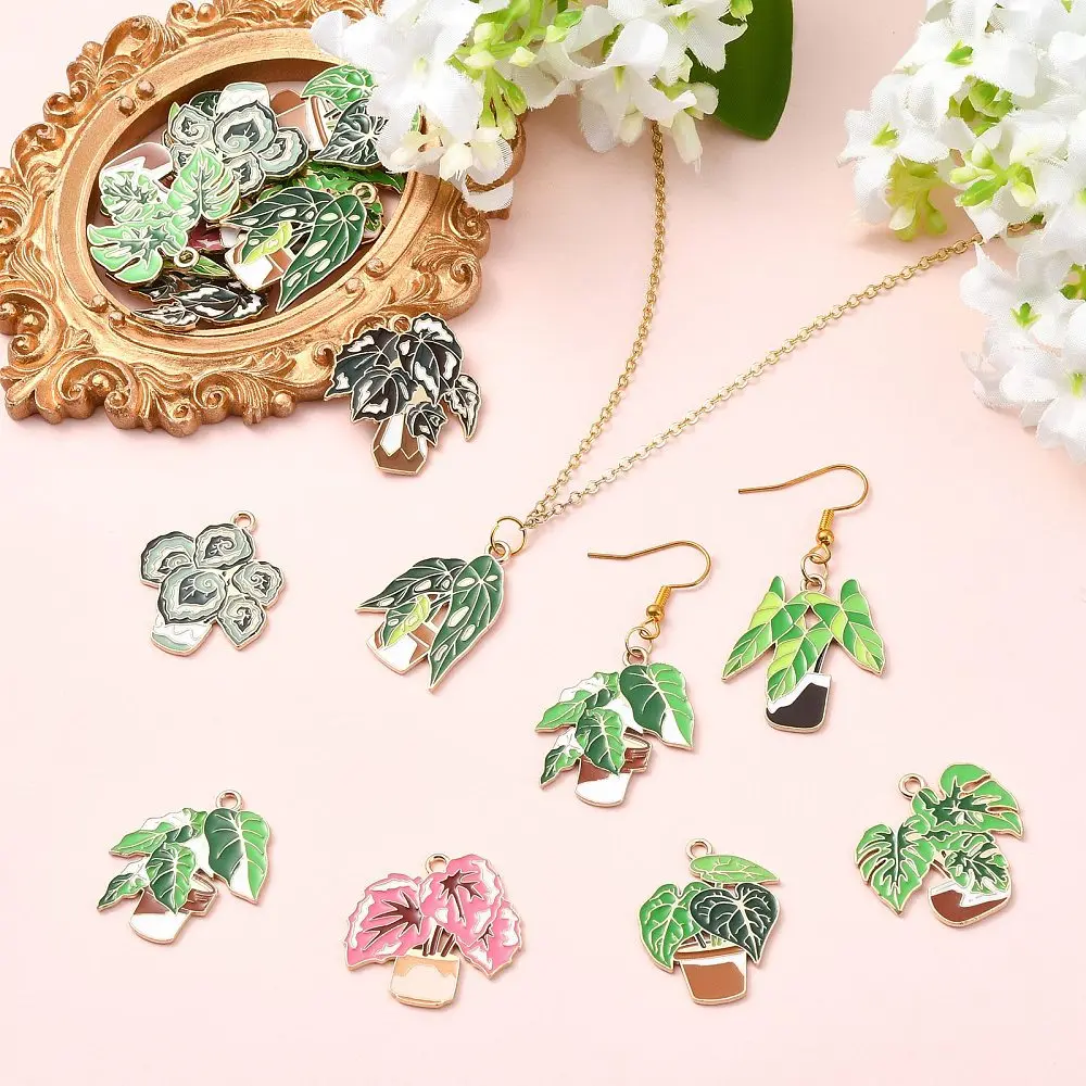 32pcs Tropical Potted Plant Enamel Charms Green Alloy Monstera Leaf Pendants for DIY Bracelet Earring Botanical Jewelry Making