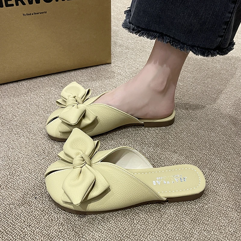 Sweet Women Slippers Slides Daily Square Low Heels Shoes for Women Solid Pointed Toe Butterfly Knot Summer Slippers Plus Size