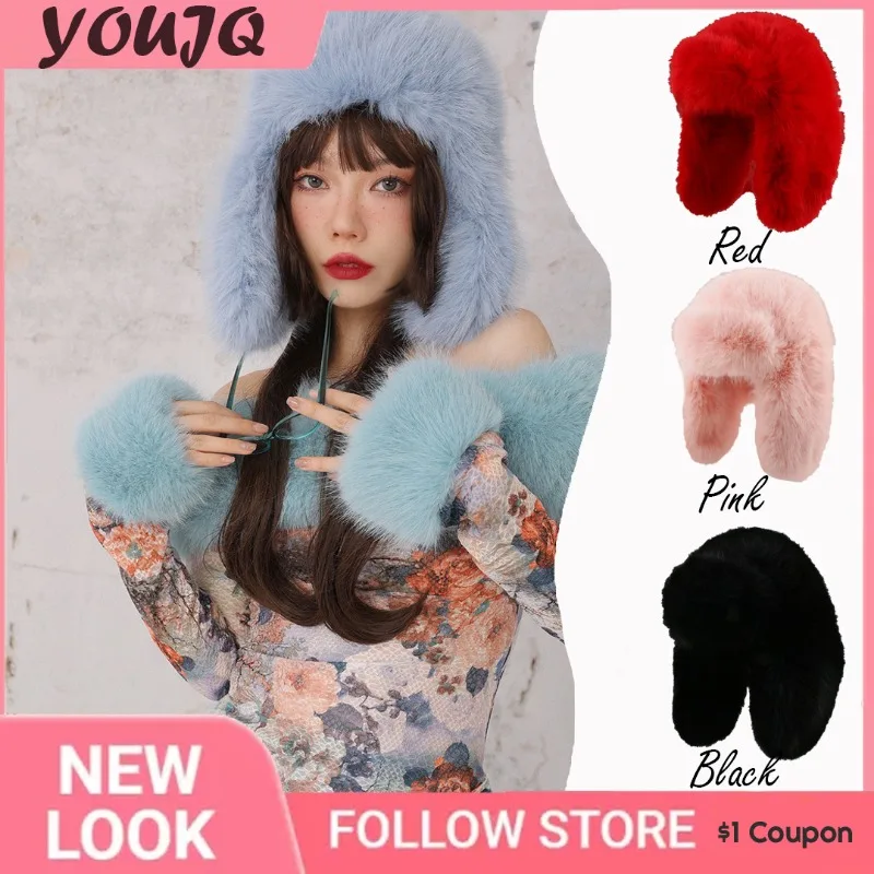 Korea Blue Imitation Marten Fur Bomber Hats for Women Plush Fluffy Windproof Warm Ear Protection Ski Hat Winter Beanies Caps