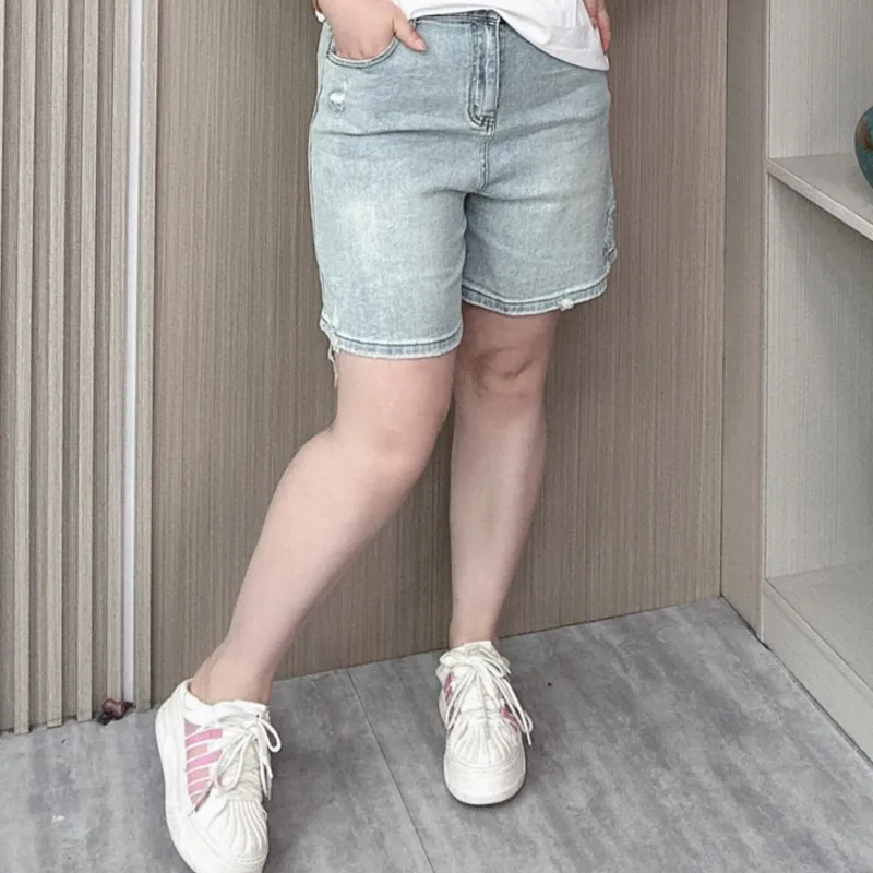 Plus Size Summer Denim Shorts Women 2024 New Loose Elastic Thin High Waist Hole Wide Leg Jeans