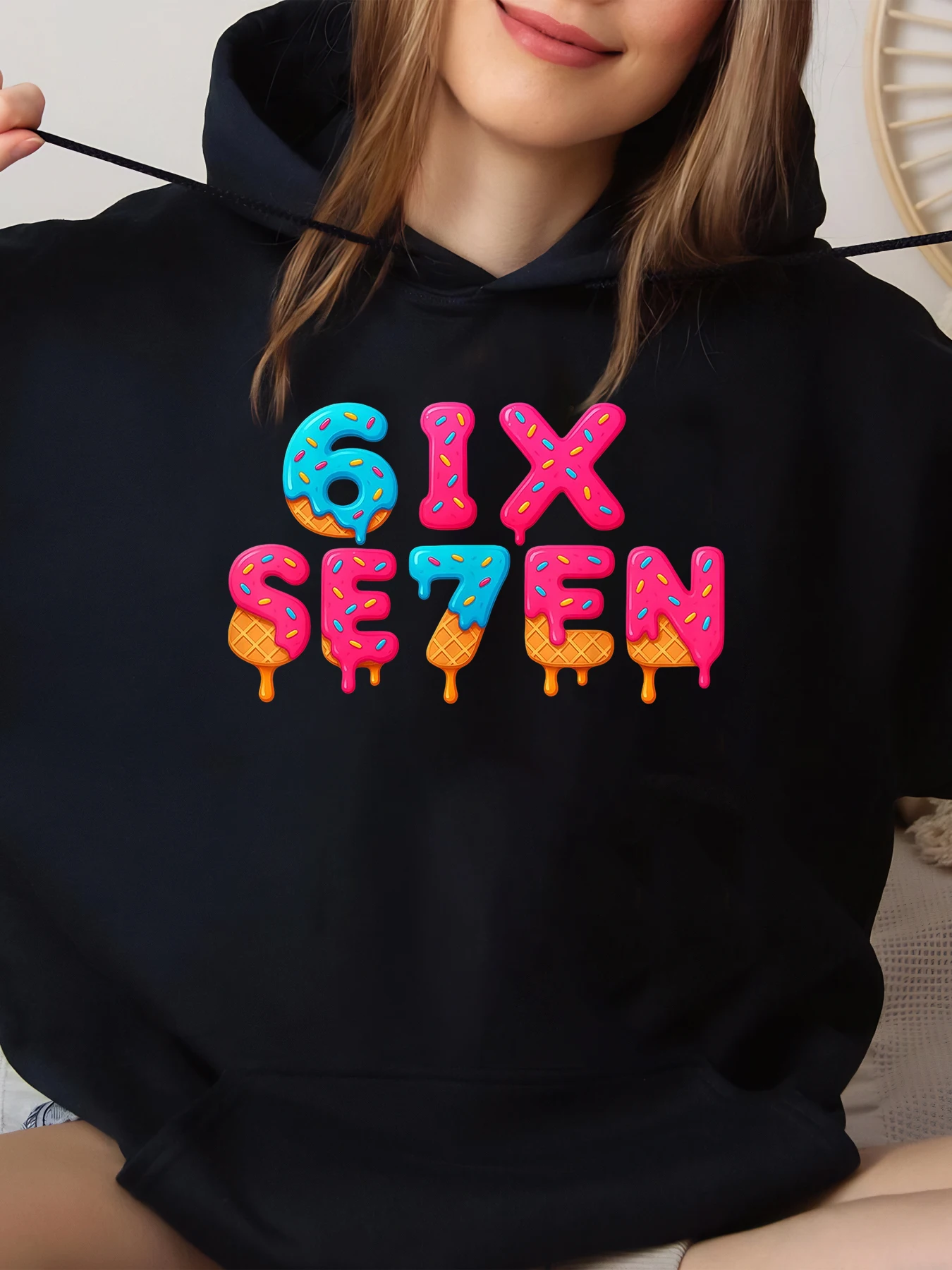 

Ice Cream Donut Print 6Ix Se7En Halloween Hoodie for Women Party Wear Black Large Size Big Sizes