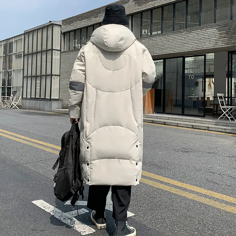 White Duck Down Jacket Winter Men Women Loose Puffer Jacket Cargo Parka Thick Warm Hooded Windbreaker Long Knee Length Overcoat