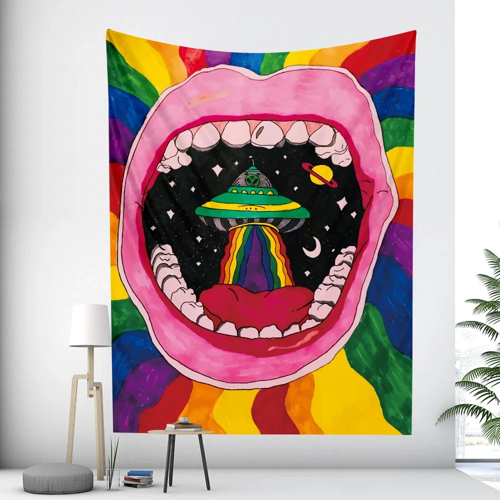 Abstract hand painted mouth tarot psychedelic scene home decor tapestry wall hanging boho room decor hippie mandala sheets