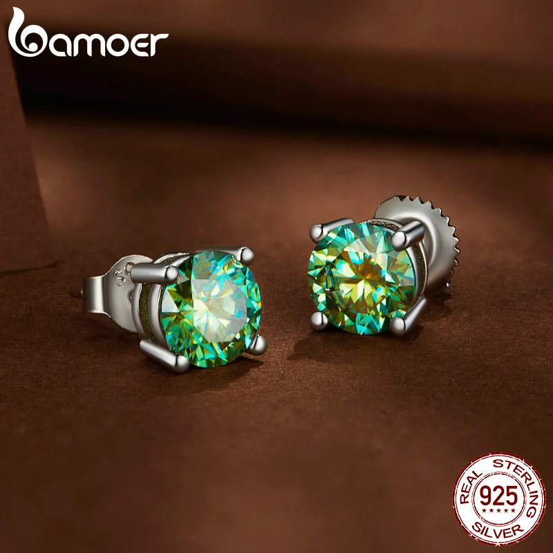 BAMOER Green Moissanite Earrings for Women Solid 925 Sterling Silver Heart Prong 2CTTW VVS1 Lab Diamonds Wedding Jewelry