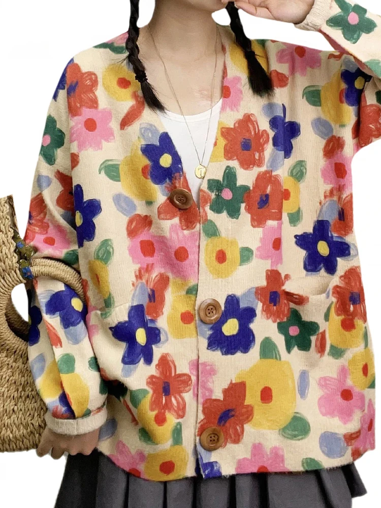 Zimowe damskie luksusowe swetry 2023. Moda damska Plus Size Printed Cardigans Ladies Loose Warm Leisure Floral V Neck Clothing