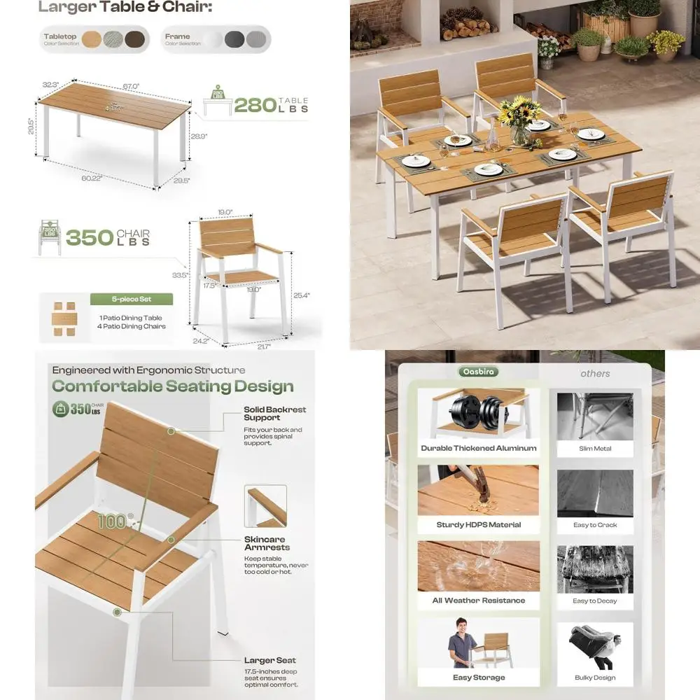 

5-Piece Patio Dining Set with Umbrella Hole, White & Teak Outdoor Furniture