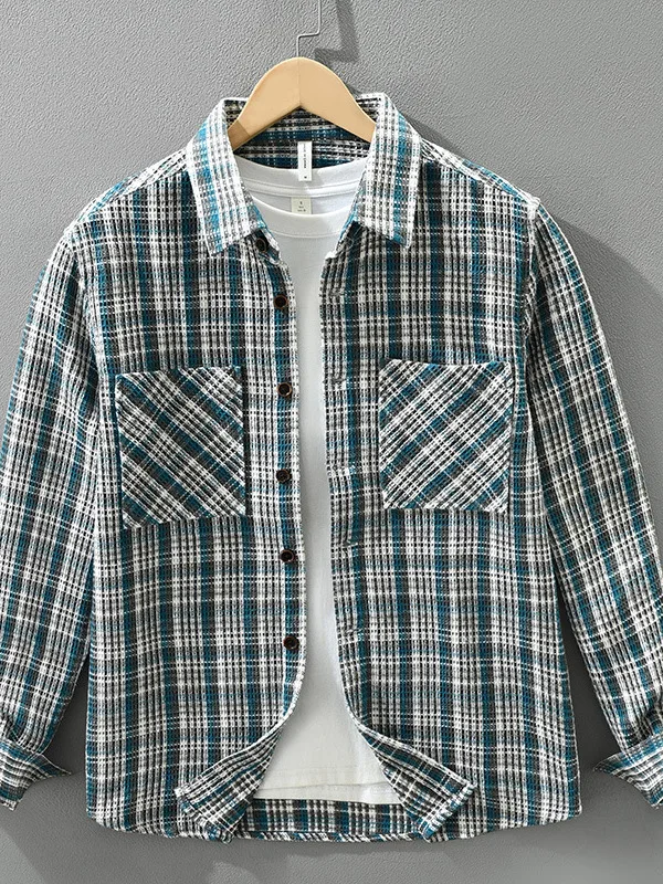 

Модная клетчатая рубашка с длинным рукавом, повседневная свободная удобная мужская модная универсальная осенняя верхняя одежда с отложным воротником
