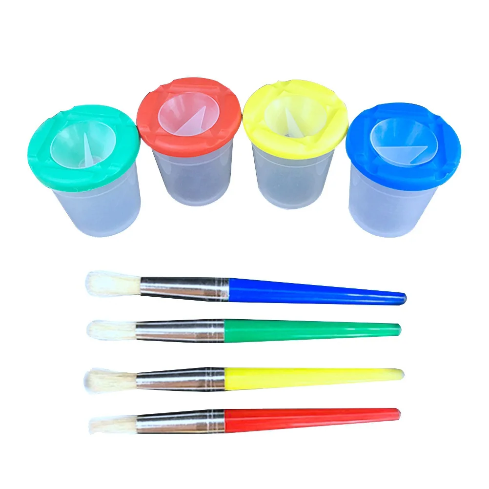 4pcs Washable Paint Cups Assorted Color Brush Set Premium Bristle Hair Painting Hobby Beginner Drawing Tools Art