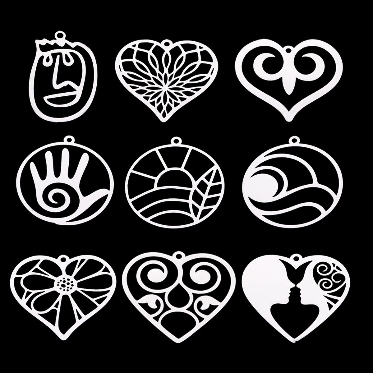 3pcs Stainless Steel Hollow Round Charms Abstract Face Heart Floral Pendant for DIY Jewelry Making Earrings Necklace Accessories