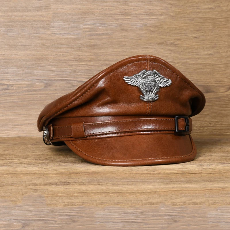 New Retro German Military Caps For Men Male Genuine Leather Flat Top Hats European American Captain Locomotive Chapeau