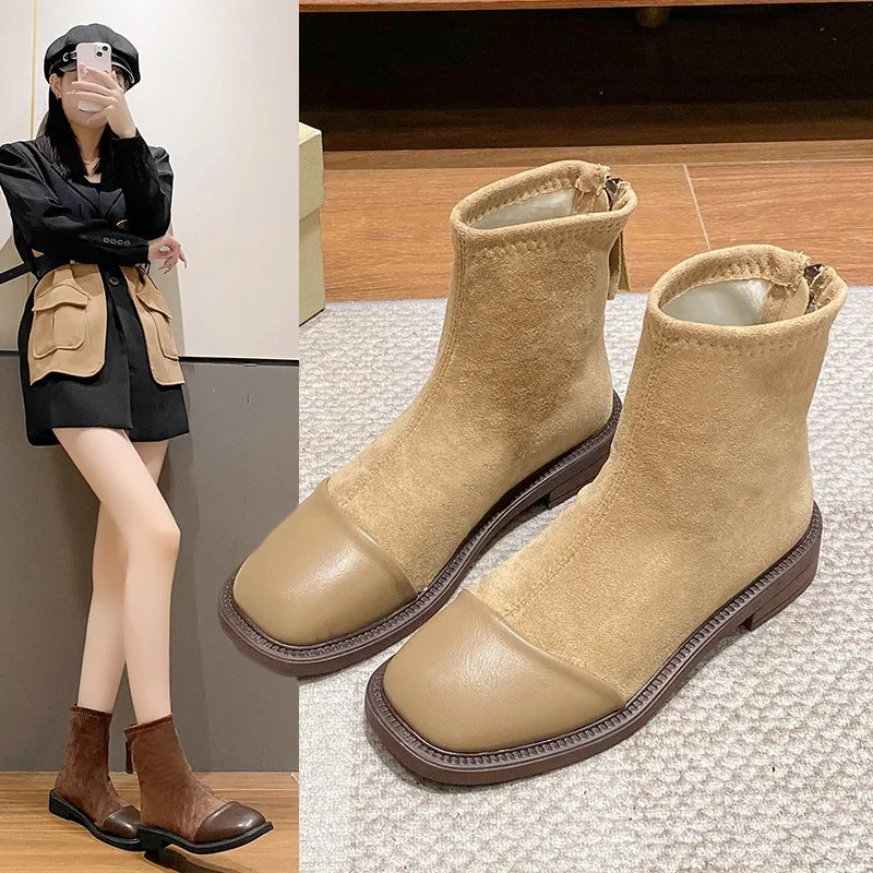 Short boots women's shoes 2024 new autumn and winter square toe boots niche splicing sleeve comfort slim and thin horse boots