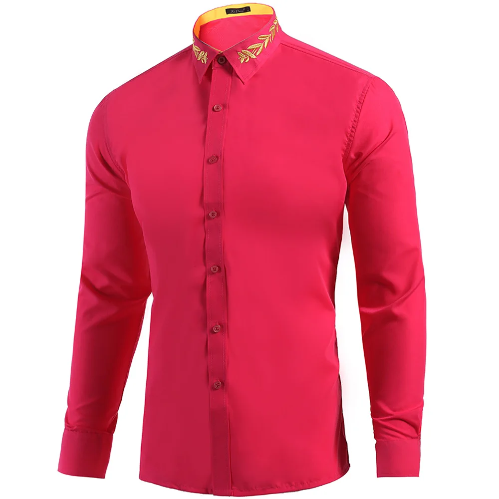 Gold Embroidery Mens Dress Shirts 2023 Brand Long Sleeve Wedding Groom Pink Shirt Men Casual Button Up Camisa Social Masculina