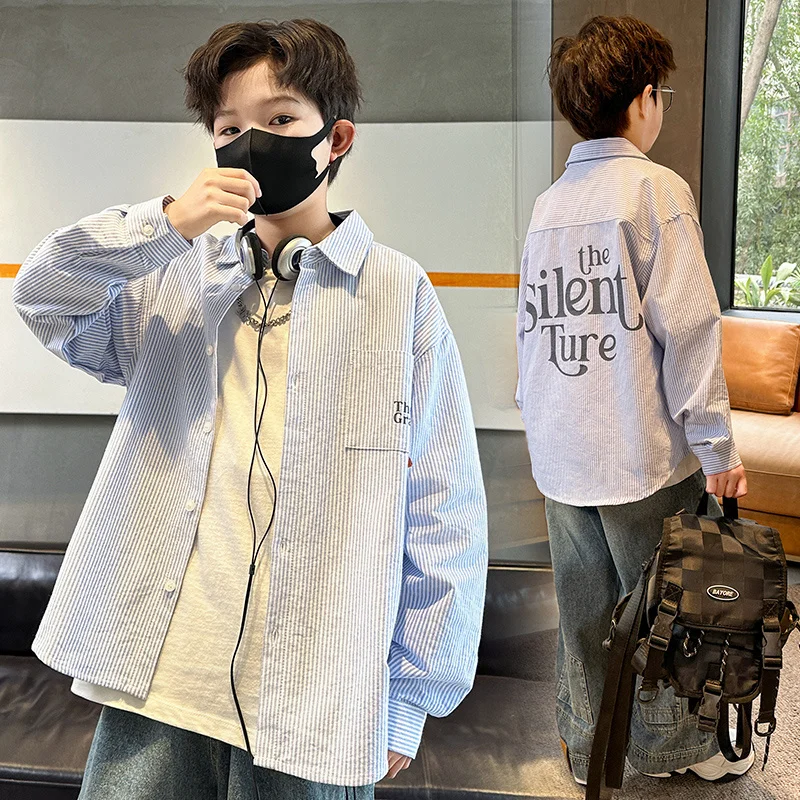 Korean Kids Vertical Striped Shirt For Boy Fashion Long Sleeve Blouse Outfit Teenager Child Cool Street Outerwear Spring Clothes