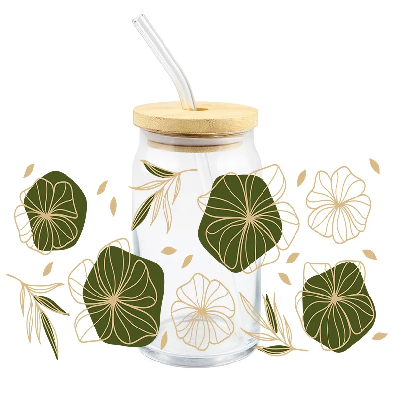 Fashion Sticker UV DTF Transfer Golden Flower  Green Leaf For The Libby Glasses Wraps Easy To Use DIY Waterproof  Custom Decals