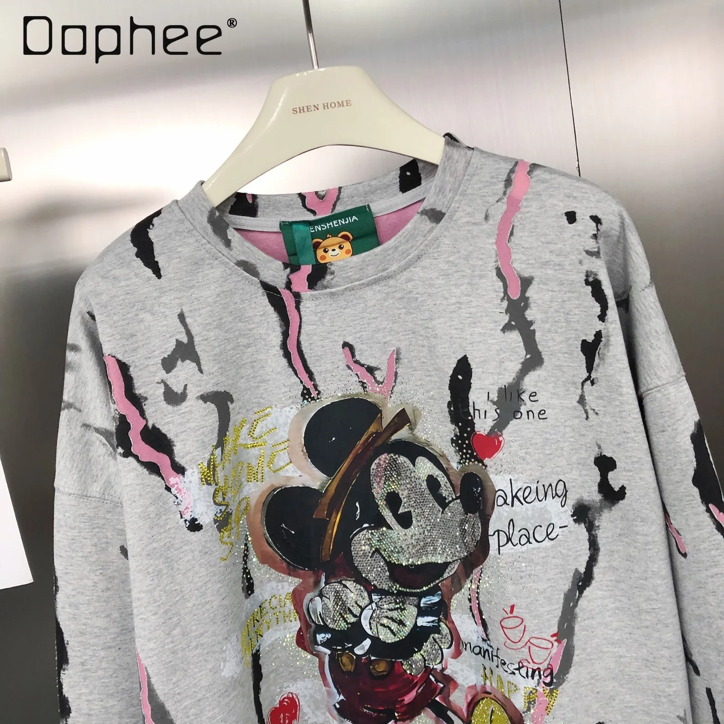 

Толстовка, осенний новый модный брендовый свитшот с мультяшным принтом, свободный модный топ с вышивкой и стразами, цветной блок, топ с круглым вырезом