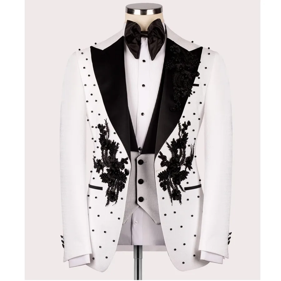 2023 Wedding Suits for Men White Groom Tuxedo 3 Piece Set for Party Prom Tailor-Made Slim Fit Male Suit Costume Homme