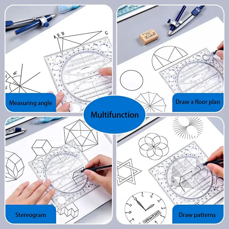 Multifunction Rotatable Drawing Template Art Design Construction Architect Stereo Geometry Circle Drafting Measuring Scale Ruler