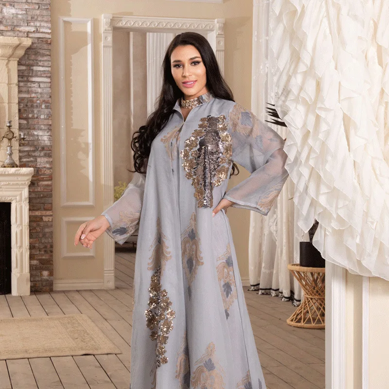 أحدث أزياء دبي للنساء فستان إسلامي شبكي ترتر مطرز للحفلات المسائية رداء مغربي أنيق قفطان نسائي غير رسمي