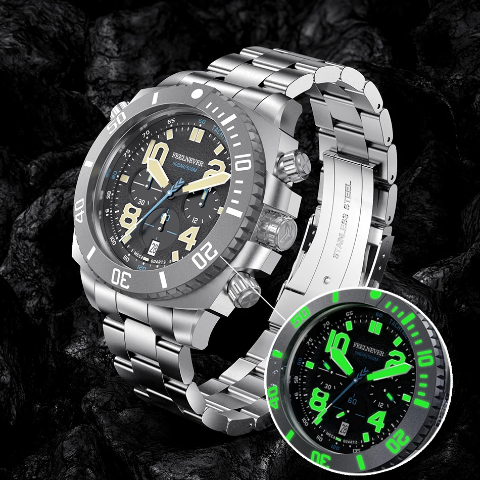 FeelNever 2023 Sport Dive Mens Watches Military Big Dial Watch For Men Sapphire Crystal Wristwatch 500M Waterproof Quartz Clock