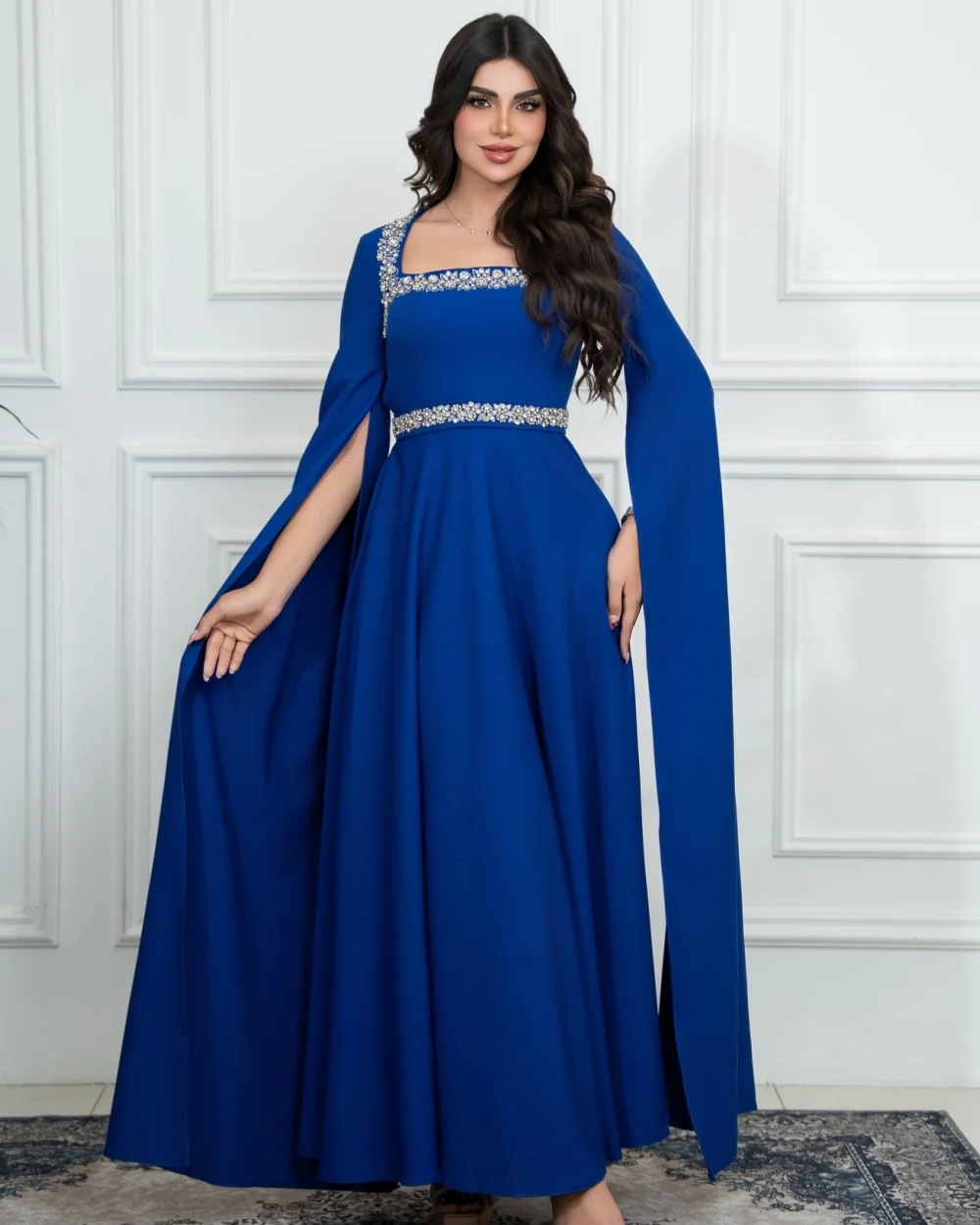 

Customized Matching Classic Jersey Rhinestone Pleat A-line Square Neck Ankle Length Dresses Bespoke Occasion Dresses Exquisite